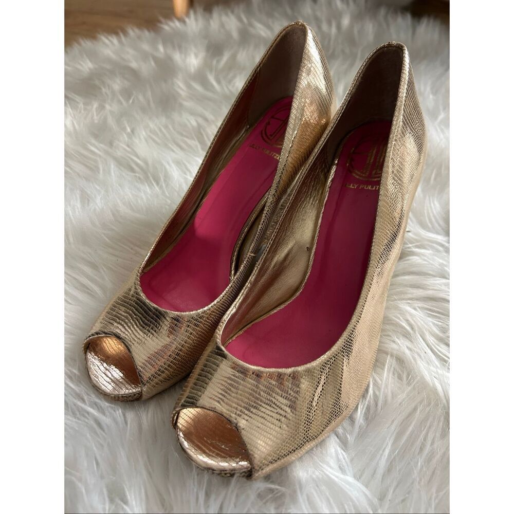 Lilly Pulitzer Gold Textured Woven Heel Peep Toe Wedge Heels Size 7M